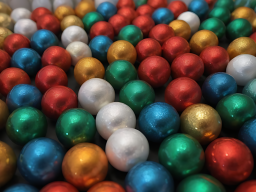 Bunte, glänzende Kugeln in Rot, Grün, Blau, Gold und Weiß in dichter Anordnung.
