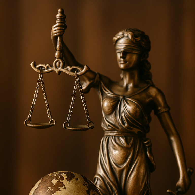 Eine Statue der Justitia mit Augenbinde, Waage und Globus.