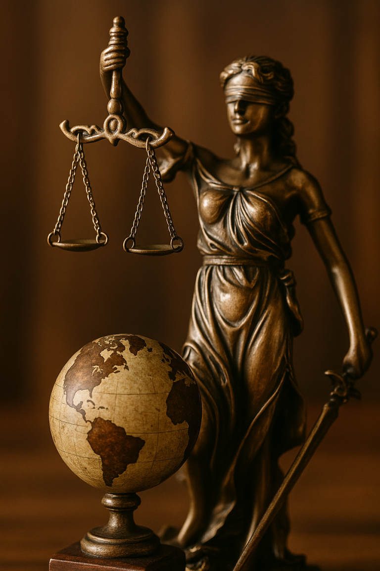 Justitia für das Weltrecht Bronzeskulptur der Justitia mit Waage und Globus im Hintergrund.