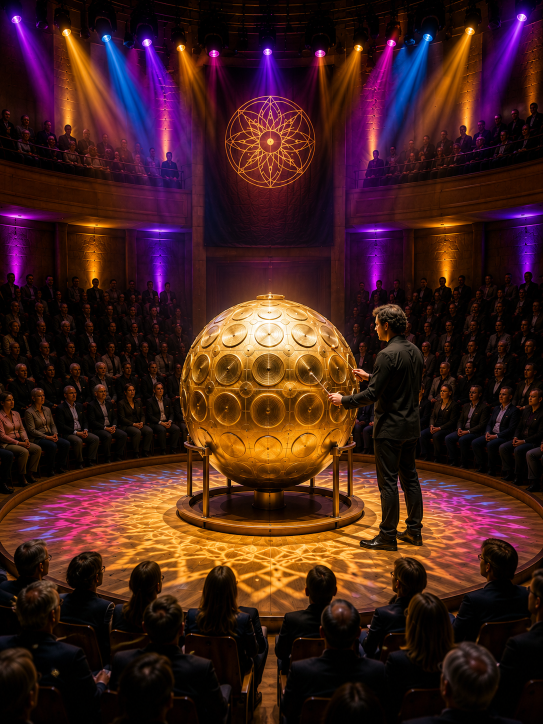 Konzertraum für das Musikinstrument "Die Sonne" Das Musikinstrument "Die Sonne" in einem Konzertraum. Eine goldene Kugel mit Schlagflächen wird von einem Mann vor Publikum gespielt.