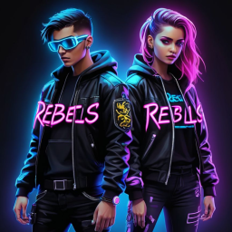 Jugend2 Zwei stylische junge Personen mit futuristischen Jäckchen und neonfarbenem Licht.