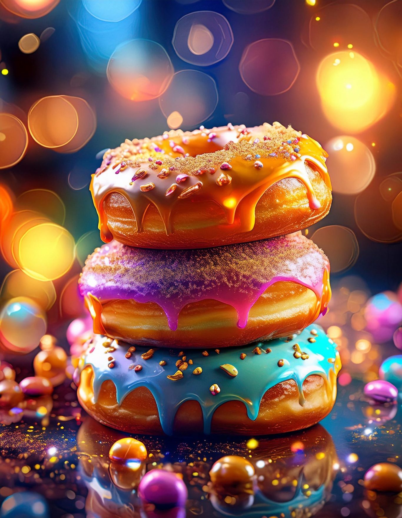 Drei bunte Donuts mit Zuckerguss und Streuseln auf einem glitzernden Hintergrund.