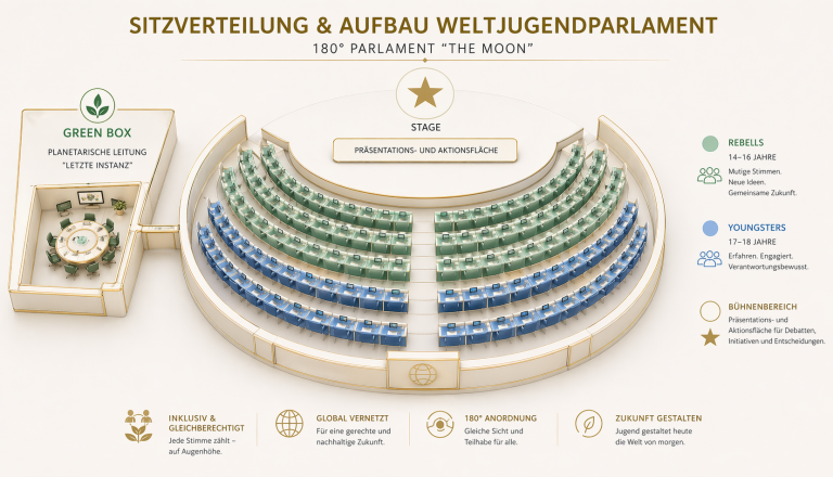 Junge Menschen diskutieren in einer Sitzung des World Youth Parliament vor einer Weltkugel.