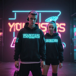 Jugend3 Zwei Personen in Kapuzenpullis stehen vor einer neonbeleuchteten Wand.