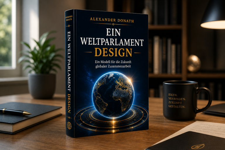 Buch Ein Weltparlament Design Buch "Ein Weltparlament Design" liegt auf einem Tisch, umgeben von Notizen und einer Tasse.