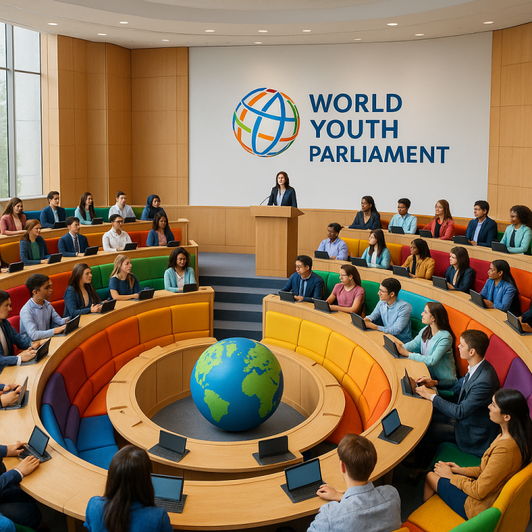 Bühne und Präsentationsbereich des Weltjugendparlamentes.