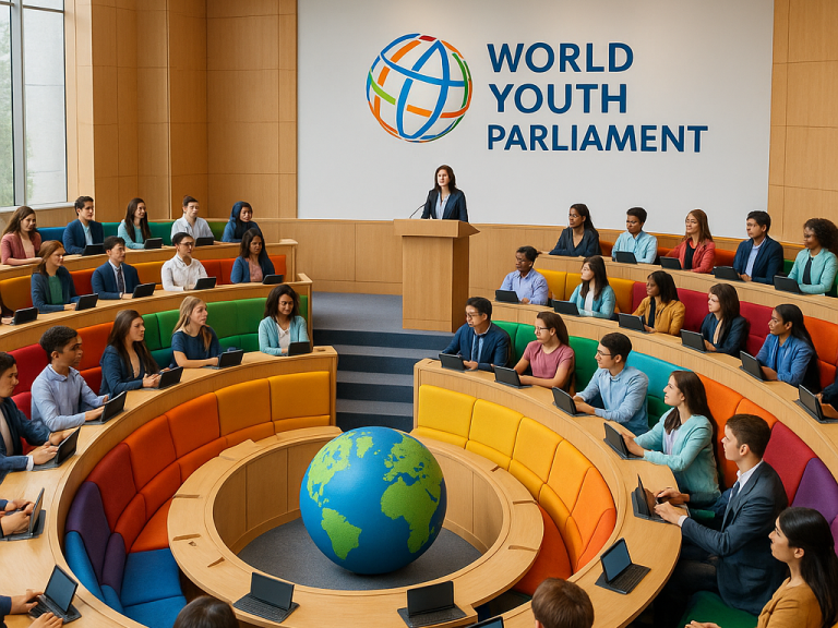 Weltjugendparlament Kammer Junge Menschen diskutieren in einer Sitzung des World Youth Parliament vor einer Weltkugel.