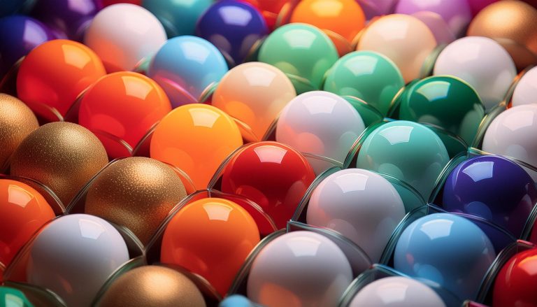 Bunte, glänzende Kunststoffkugeln in verschiedenen Farben dicht nebeneinander angeordnet.