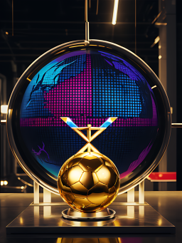 Goldener Fußball mit einer bunten Weltkarte im Hintergrund.
