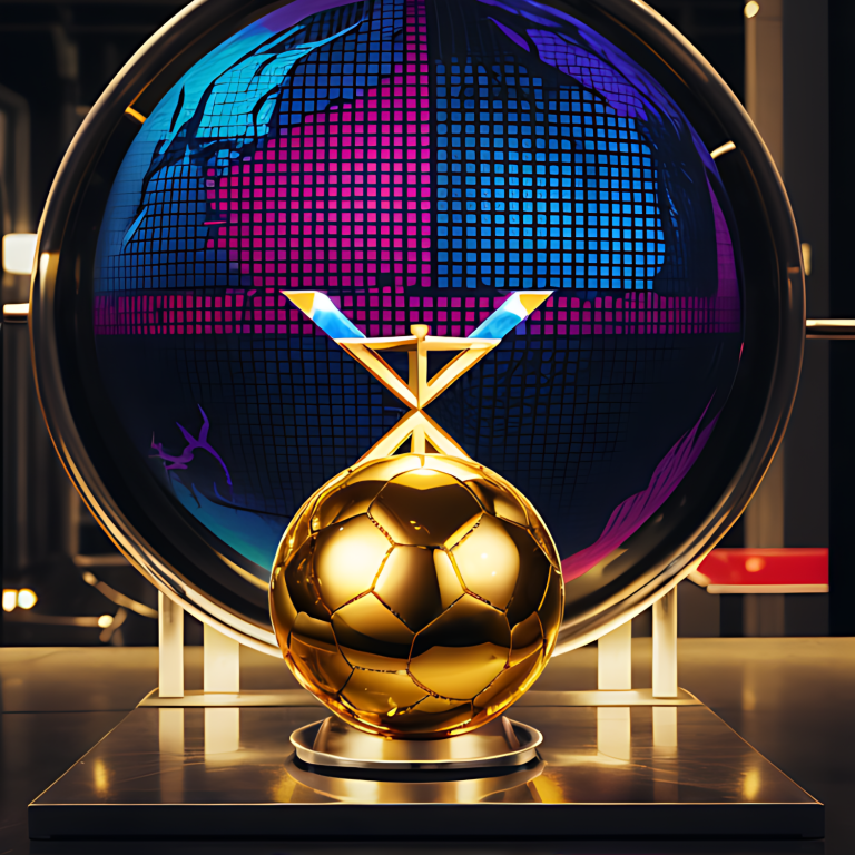 Goldener Fußballpreis vor einem bunten, holografischen Hintergrund.