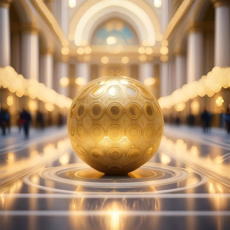 Goldene Kugel als Musikinstrument im Mittelpunkt eines eleganten, hell erleuchteten Innenraums mit Säulen.
