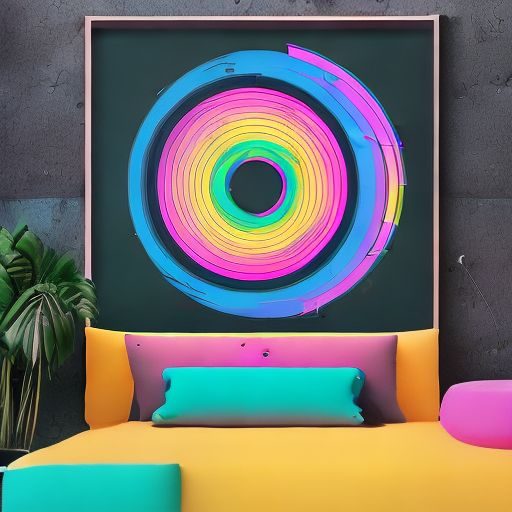 Bunte kreisförmige Wandkunst über einem farbenfrohen Sofa in modernem Raum.