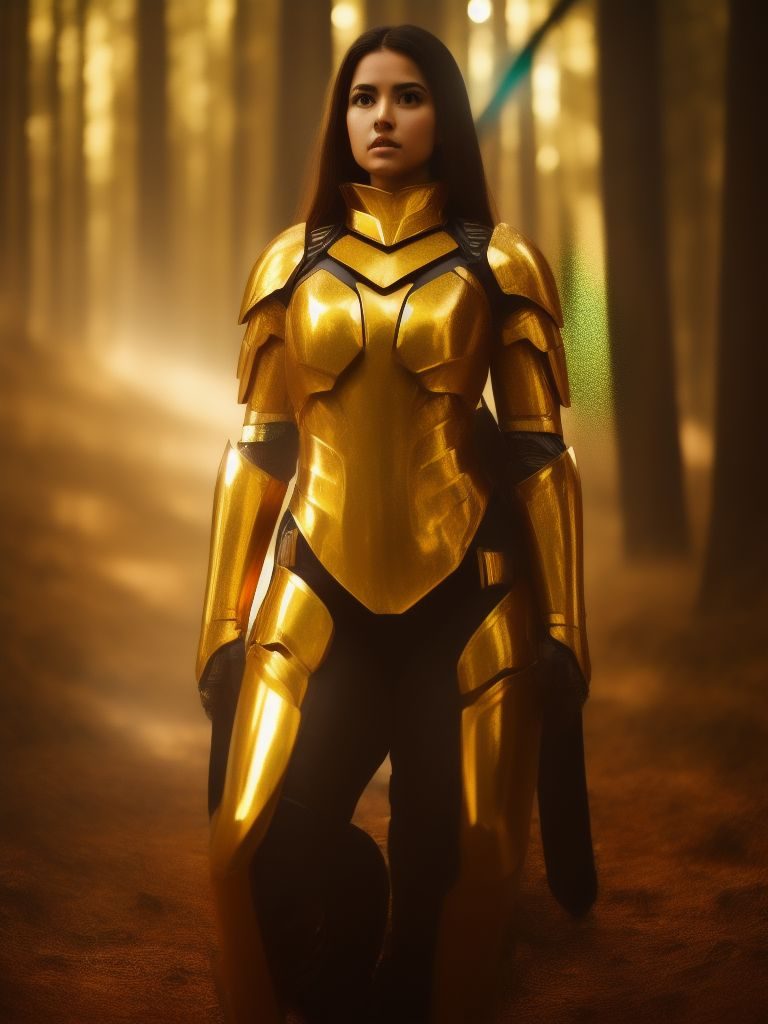 Frau in goldener Rüstung steht in einem nebligen Wald.