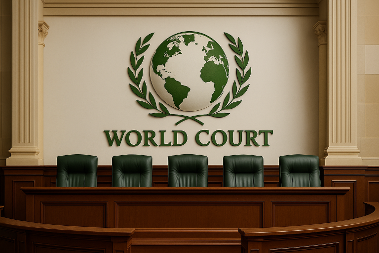 World Court Richterbank Saal der Weltgerichtsbarkeit mit Stühlen und Globus im Vordergrund.