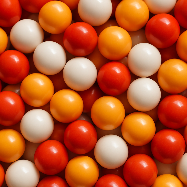 Loskugeln für die Quarter Auswahl Matrix Bunte, runde Kugeln in Rot, Orange, Gelb und Weiß, dicht angeordnet.