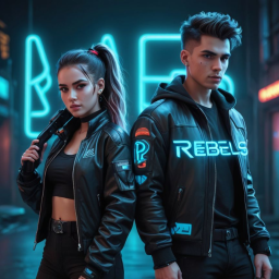 Jugend1 Zwei Jugendliche in futuristischen Jacken posieren vor einem leuchtenden Neon-Hintergrund.