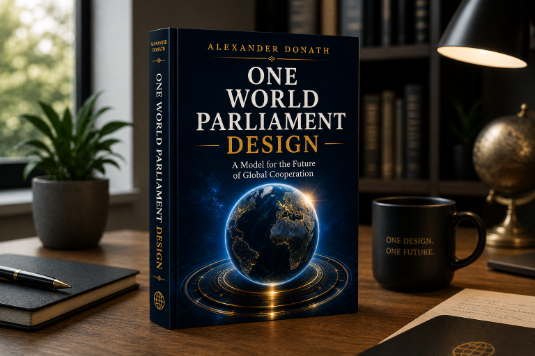 Buchcover Ein Weltparlament Design Buchcover mit Titel „One World Parliament Design“ und einer Globusgrafik.