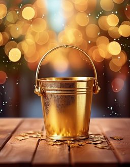 Ein goldener Eimer steht auf einem Holztisch, umgeben von unscharfen Lichtern und Glitzer.