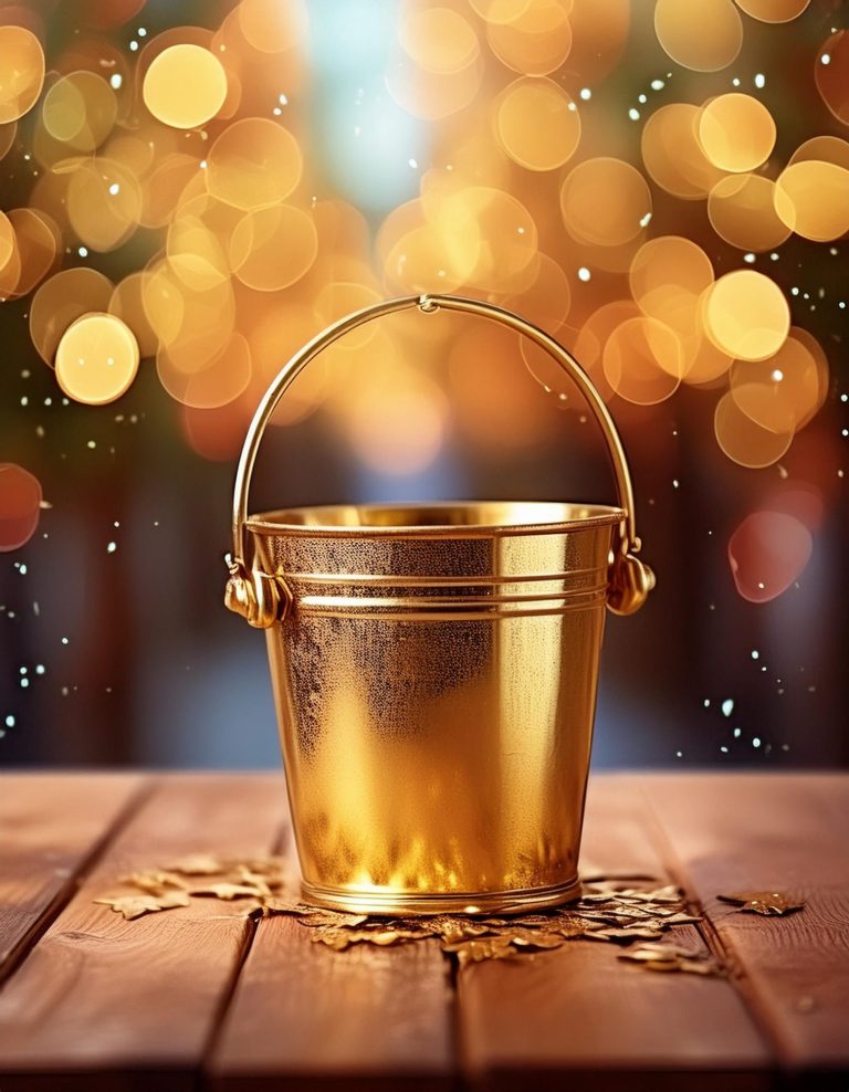 Ein goldener Eimer auf einem Tisch, umgeben von verschwommenen Lichtern und Sternen.